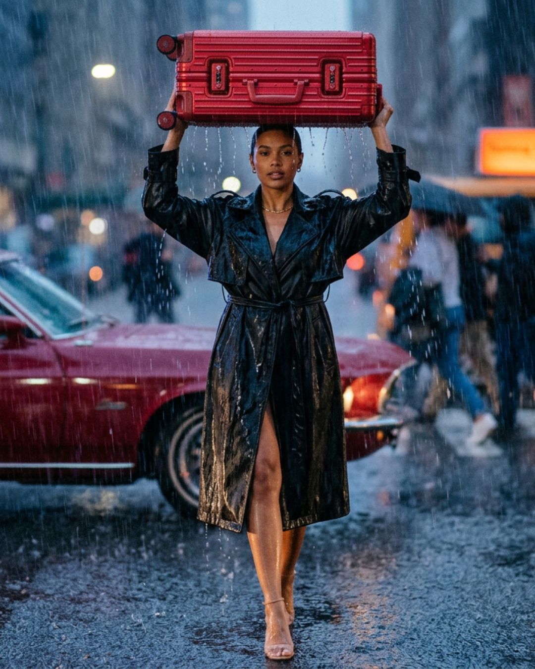 Red suitcase in the rain — cinematic street scene
