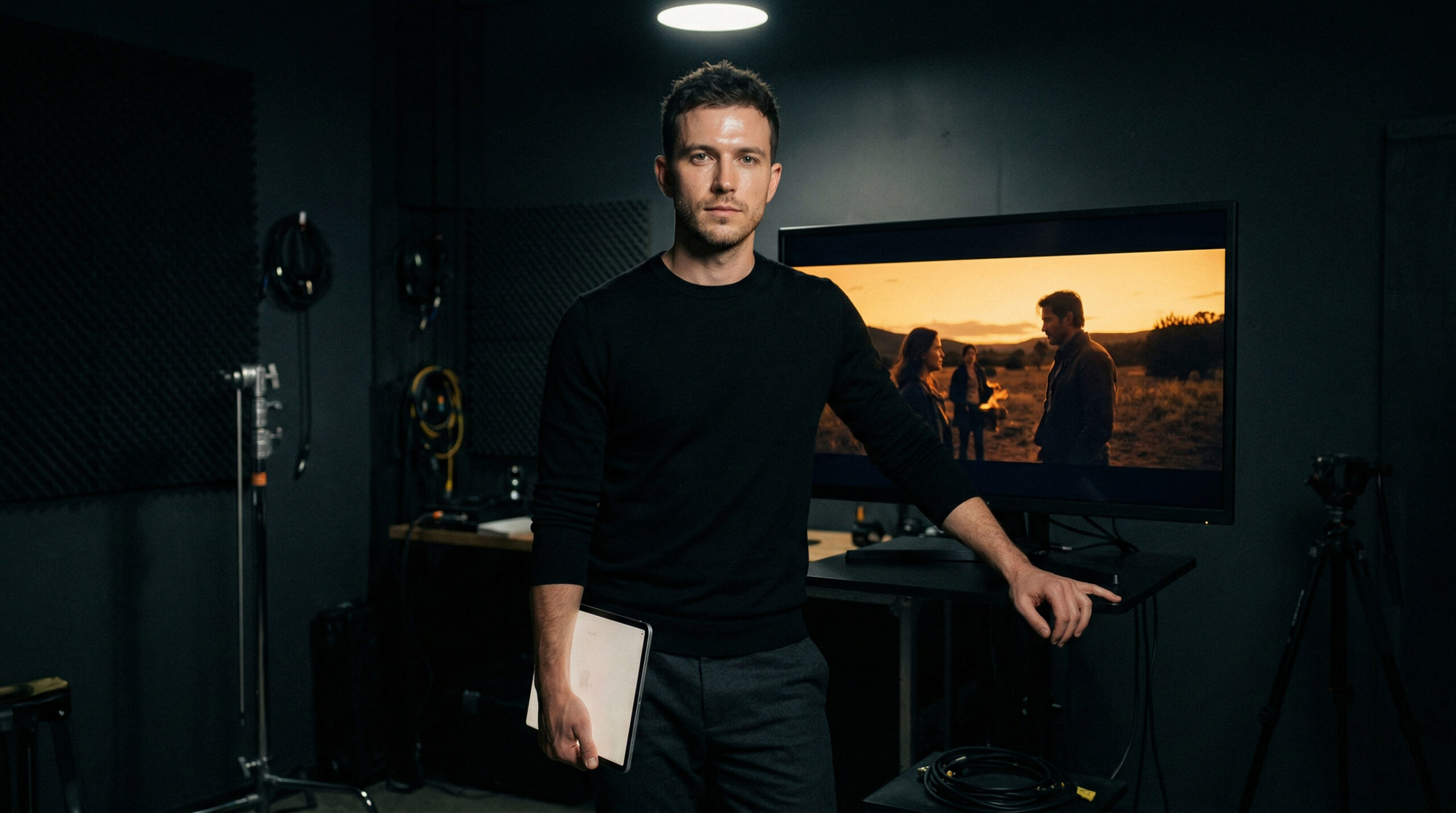 editorial-portrait-50mm-lens-man-in-his-late-20s-standing-in-a-dark-minimal-studio-space-wearing-a-tailored-black-crewneck-sweater-and-dark-trousers-one-hand-holding-a-tablet